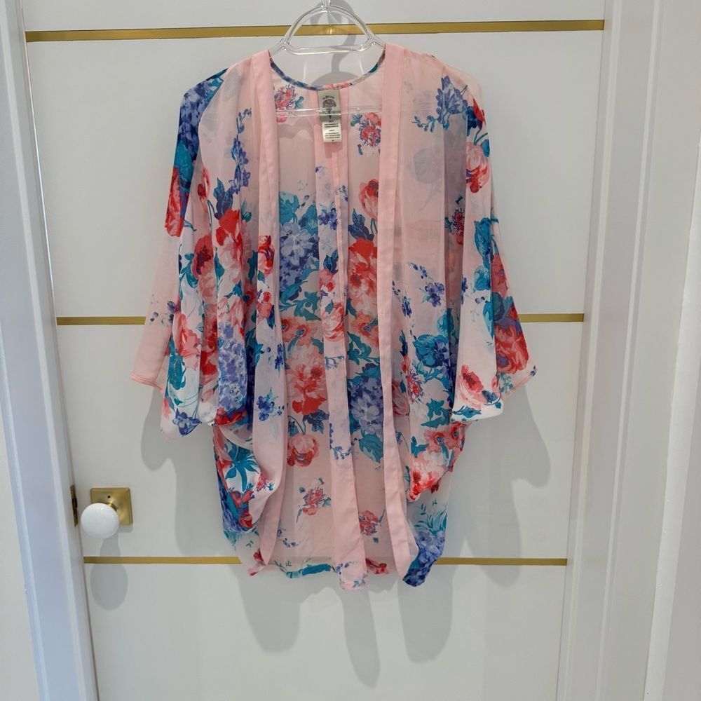 IN BLOOM Floral Pink Sheer Open-Front Kimono Cover Up Top S
